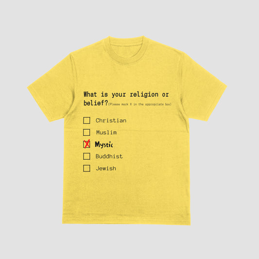 Yellow t-shirt with a humorous religious belief questionnaire on a light gray background