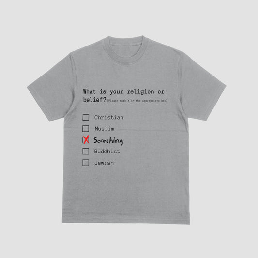 Gray t-shirt with a humorous religious belief questionnaire on a light gray background