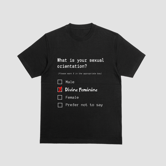 Sexual Orientation T-shirt in Black with multiple choice with options such as Male, Female, Prefer not to say. Divine Feminine is selected and marked with a red cross.