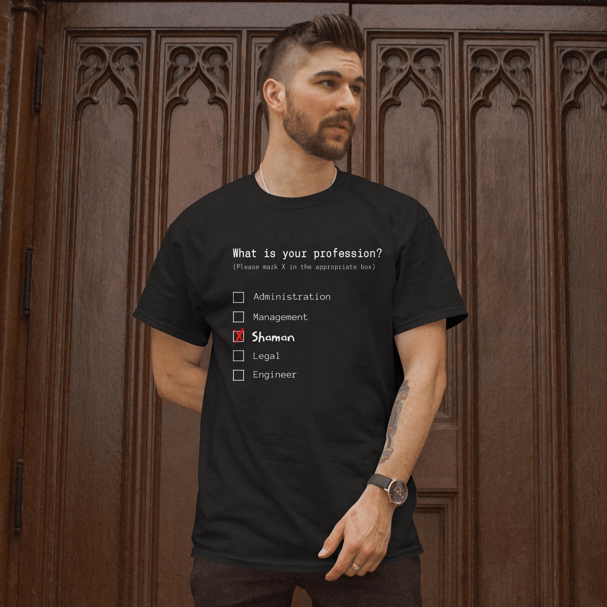 Model wearing a Shaman Profession T-Shirt in Black