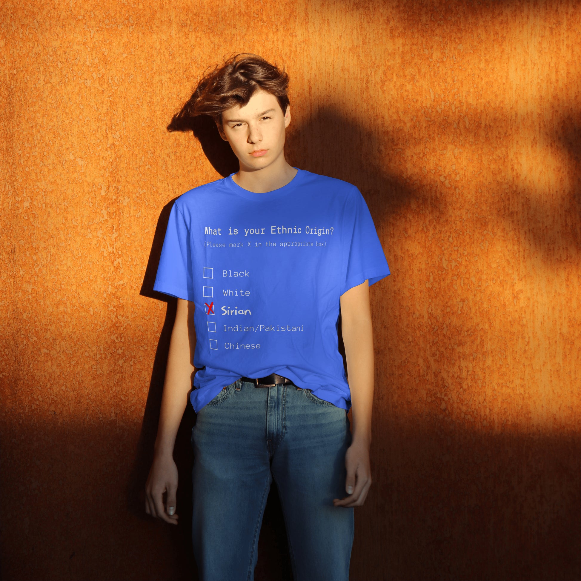 Person wearing a blue t-shirt with a racial profiling问卷 on an orange background