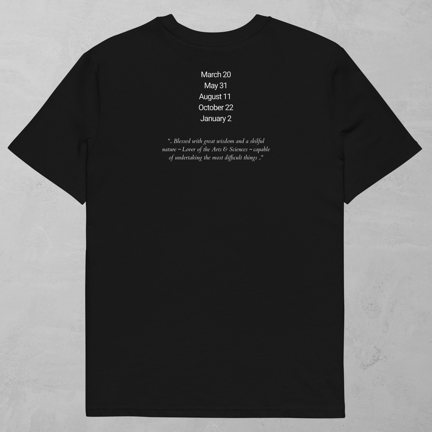 Back of Vehuiah Guardian Angel T-Shirt in Black with  attributes of angel written on back. 