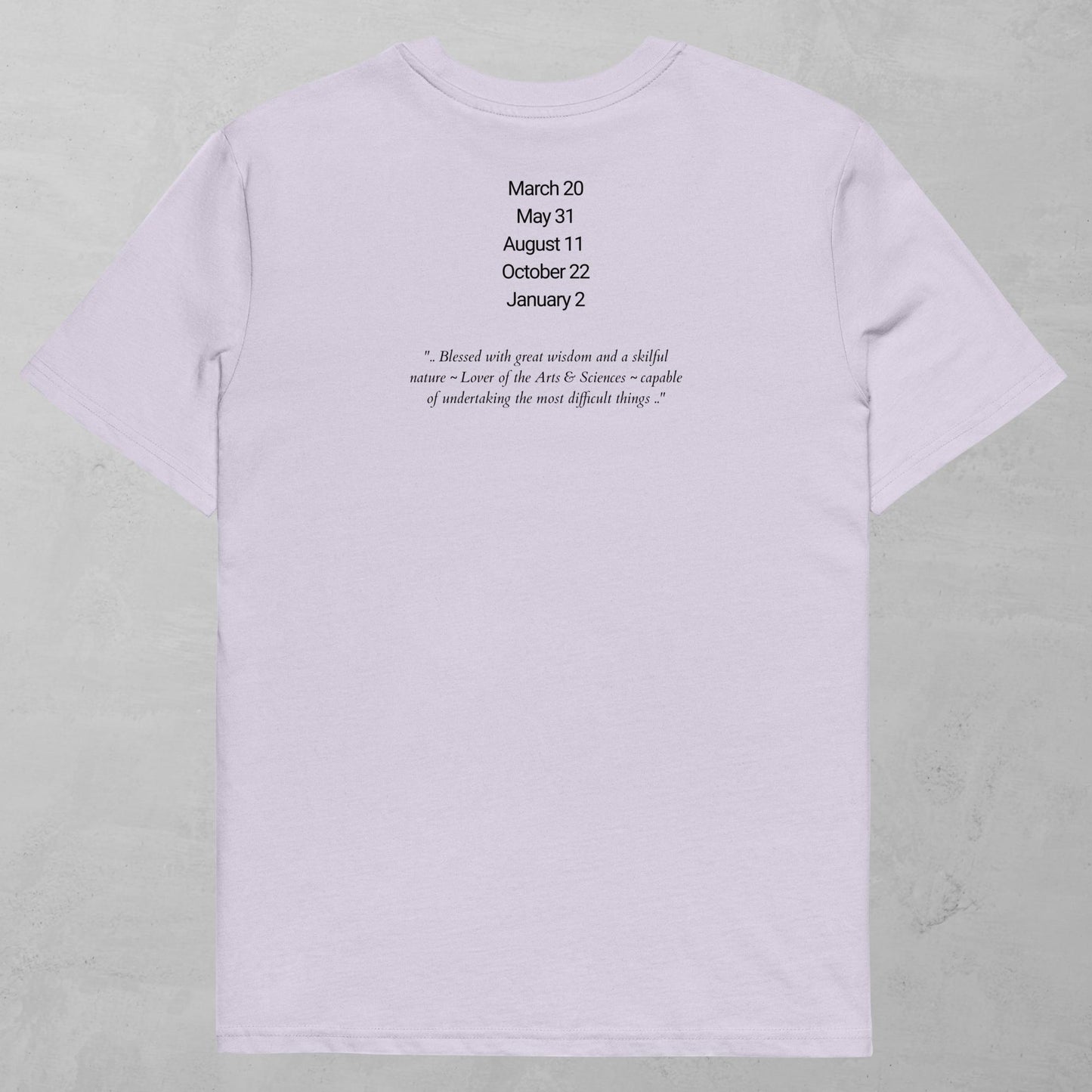 Vehuiah Shem Hamephorash Guardian Angel T-Shirt in Lavender with symbol of Vehuiah on front. 