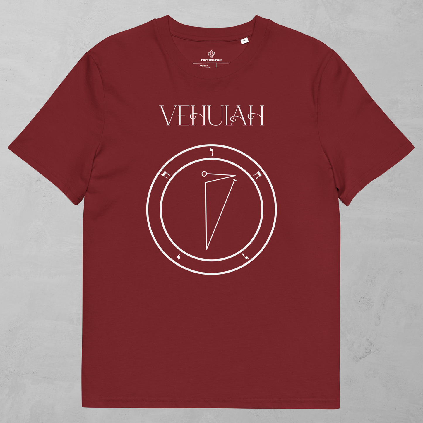 Vehuiah Guardian Angel T-Shirt in Burgundy with  Seal of Vehiuah on front. 